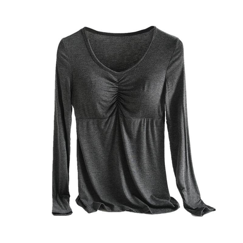 带胸垫长袖上衣女秋冬内搭纯色T恤瑜伽服大码家居服莫代尔打底衫