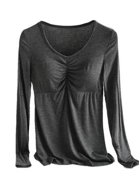 带胸垫长袖上衣女秋冬内搭纯色T恤瑜伽服大码家居服莫代尔打底衫