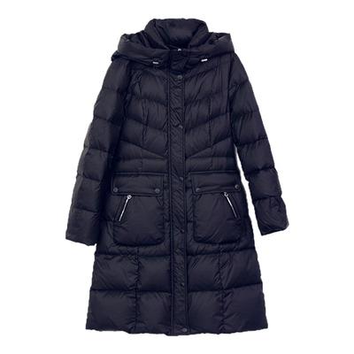 诗梦中长款连帽收腰黑色鹅绒服