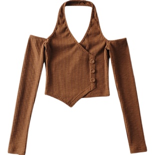 设计感不对称下摆辣妹风挂脖式露肩修身长袖T恤女春夏ins短上衣女