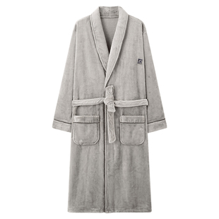 芬腾可安睡袍男款冬季珊瑚绒加厚加绒浴袍法兰绒灰男士睡衣秋冬天