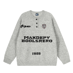 Amoeba美式复古亨特领字母印花毛衣秋季宽松慵懒设计感针织衫上衣