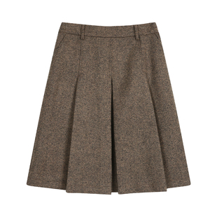 NEVA HU 迷失里尔 复古羊毛呢子半身裙女格蕾系气质压褶a字半裙