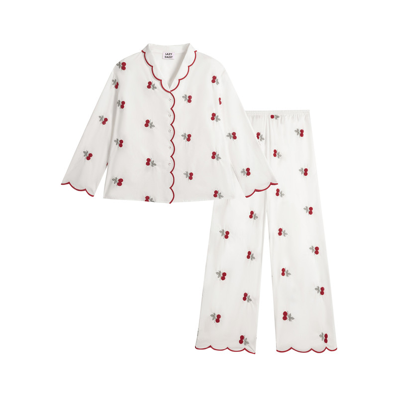 Lazy Daisy Sissi撞色波浪边樱桃刺绣纯棉长袖睡衣套装外穿家居服