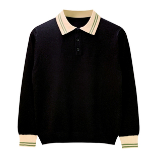 英伦复古高级拼色修身翻领上衣男款轻奢时尚青年针织polo衫男长袖