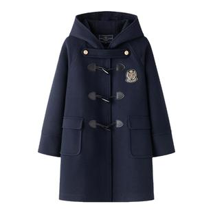 东京岁时记jk大衣保暖秋冬毛呢外套连帽牛角扣夹棉大衣中长款绀色
