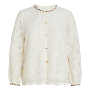 秸熙春秋新款重工刺绣蕾丝白色衬衫钉珠边波西米亚风小衫洋气上衣
