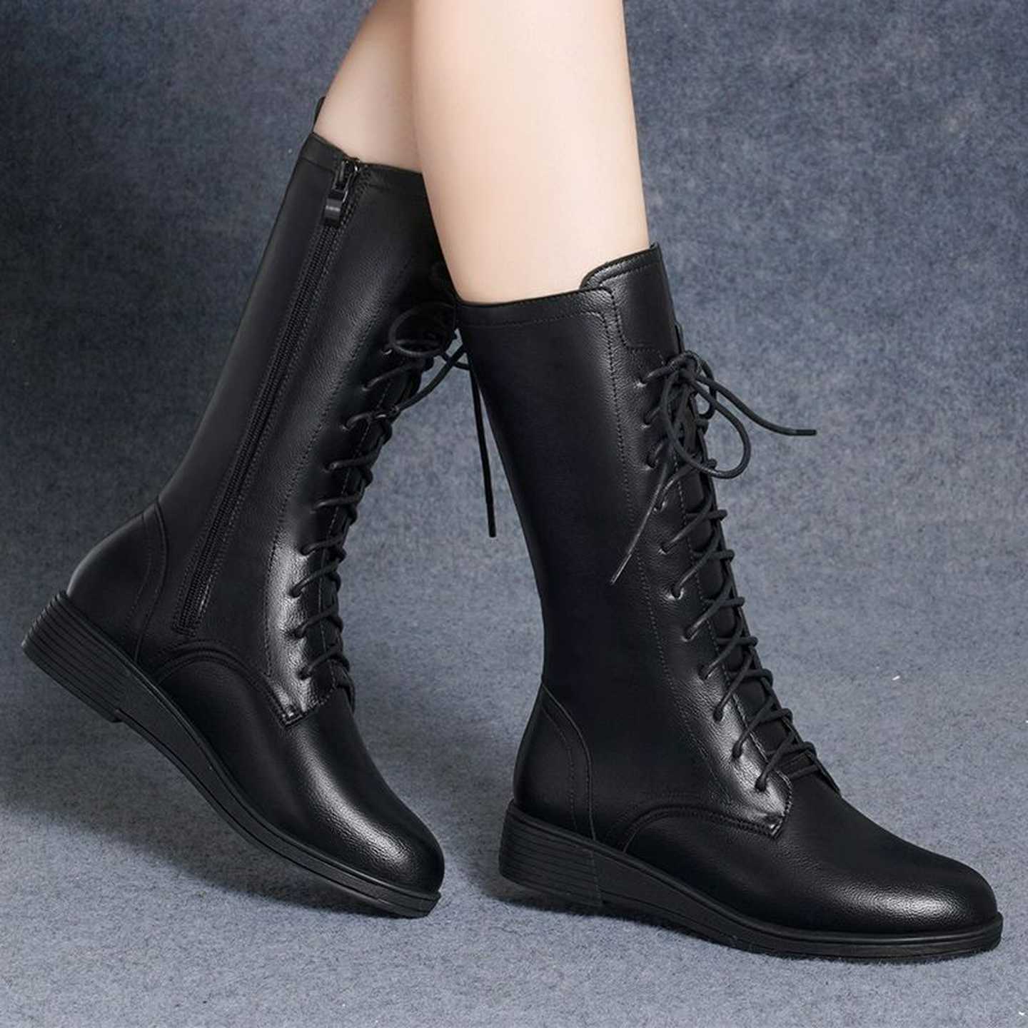 真皮不过膝长筒靴2024年秋冬单靴英伦风马丁靴小个子厚底中筒靴女