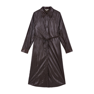 it'real翻领皮质风衣女春季新款宽松显瘦中长款系带皮大衣外套