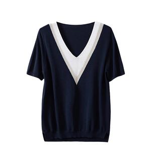 Basic House/百家好法式藏青色V领短袖针织衫女夏季宽松正肩上衣