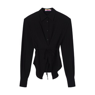 CLP黑色立体剪裁深V收腰设计长袖衬衫男修身高街露胸休闲绑带棉麻