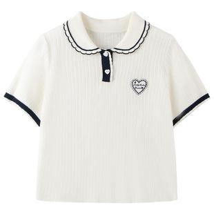 【冰丝莱赛尔】空调针织衫爱心绣花polo清凉透气娃娃领短袖女童