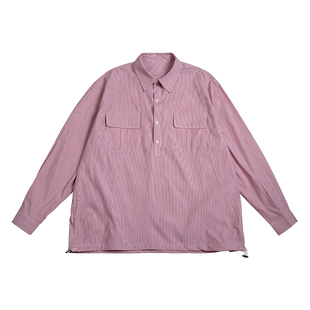 NOEARS早春套头polo翻领粉色条纹衬衫男宽松日系cityboy上衣百搭