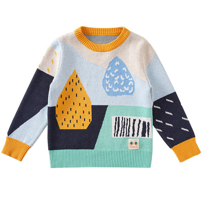 mibi秋冬新款儿童毛衣纯棉拼色