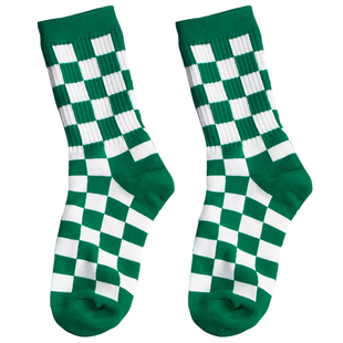 棋盘格袜子加厚男秋冬纯棉毛巾底运动绿色黑白方格冬季暖中筒长袜
