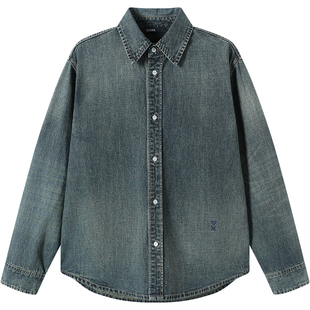 LEZORA美式复古vintage水洗10.8oz全棉丹宁爱心刺绣牛仔衬衫男春