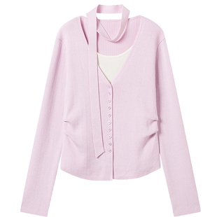 衣香丽影粉色假两件飘带针织衫女2026春装新款韩系桑蚕丝羊毛上衣