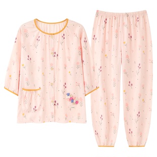 夏季七分袖睡衣套装女士云朵碎花春秋天大码家居服薄款宽松可外穿