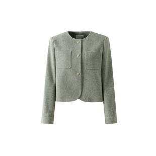 OSA欧莎小香风圆领毛呢外套女复古通勤短款粗花呢子大衣冬季新款