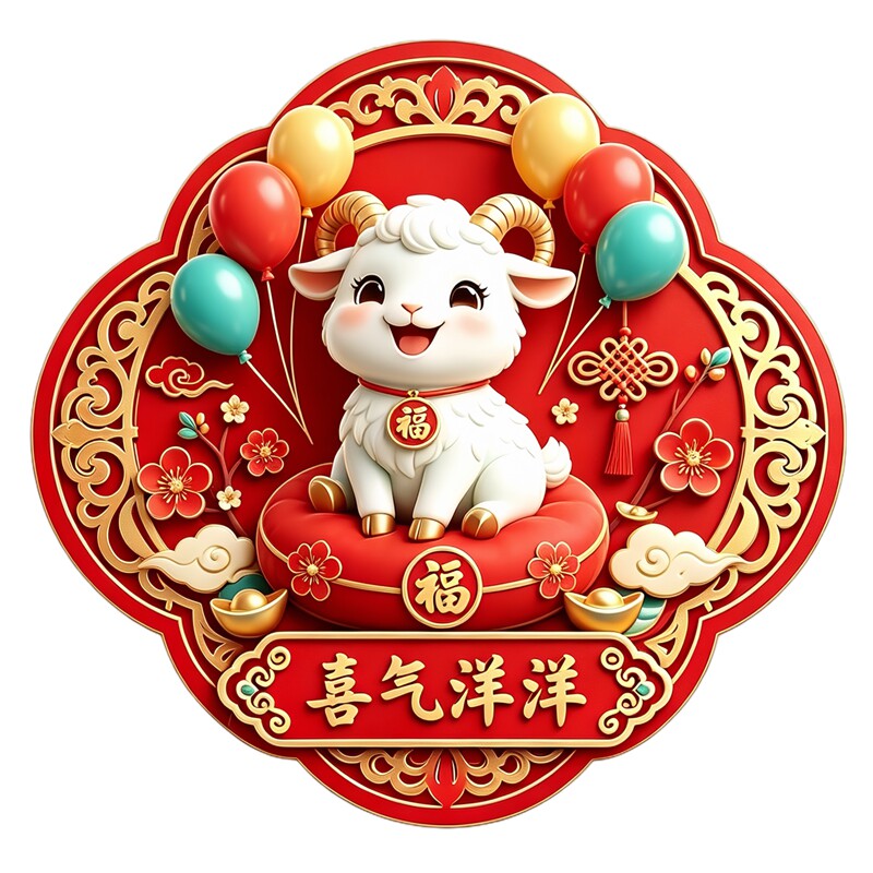 圆形喜气洋洋墙贴卡通小羊花卉祥云羊年新年吉祥防水自粘装饰贴纸
