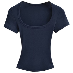 【包邮】辣妹马蹄领性感低胸短袖打底衫女弹力收腰T恤短上衣