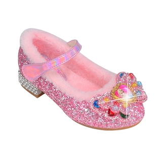 女童毛毛鞋加绒保暖可爱艾莎公主鞋秋冬季新款水晶鞋小女孩高跟鞋