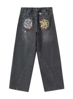 ONIARAI/鬼洗25秋冬棒达摩樱花弯线廓形分割牛仔长裤男式 25N4409