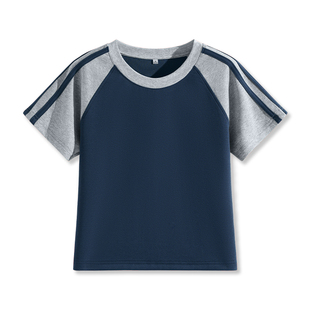 班尼路藏青灰拼条短袖T恤女2026新款夏季设计感插肩显瘦通勤上衣N