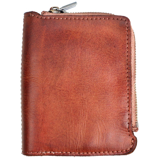 植鞣牛皮短款钱包男士多功能拉链零钱包女士手工复古大容量钞票夹
