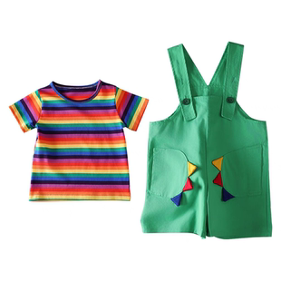 男女宝夏装多巴胺背带裤套装可爱儿童恐龙衣服幼儿园班服毕业服装