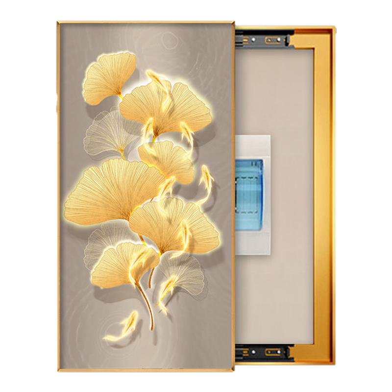 九鱼聚福电表箱装饰画寓意好配电箱消防栓电闸遮挡竖版银杏叶挂画