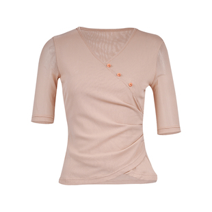 马天奴2026春夏新款粉色新中式V领短袖修身上衣气质时尚百搭优雅