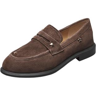 意尔康女鞋2025秋季乐福鞋低跟单鞋复古休闲反绒法式气质配裙子