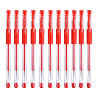 得力红笔教师专用批改作业红色水笔按动中性笔拔帽款学生标记用中油圆珠笔大容量0.5mm笔芯文具直液式走珠笔