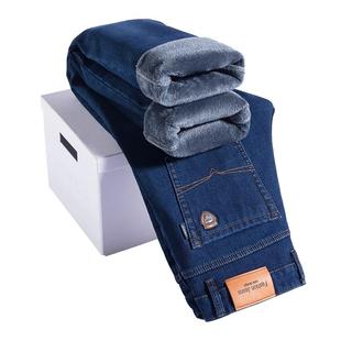 啄木鸟2025加绒加厚品牌牛仔裤冬季高端中年宽松直筒牛子男长裤子