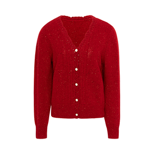 JESSIE红色精致细闪绵羊毛软糯针织毛衣女冬季新装简约开衫