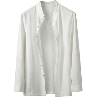 由天丨新中式男装棉麻衬衫立领长袖中国风男士唐装亚麻衬衣薄款