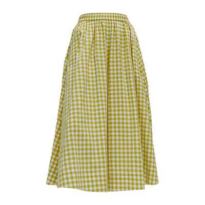 BLUE ERDOS春季浅春系度假风松紧腰黄色格纹大A摆休闲裙裤