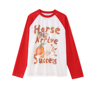 MSKIN6早春红白撞色印花长袖T恤女宽松马年贺岁纯棉显瘦百搭