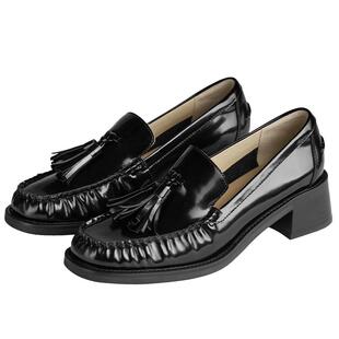 73hours女鞋可爱家伙春季新款粗跟厚底圆头黑色乐福鞋小皮鞋