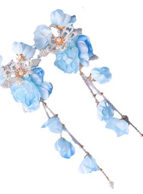 古风蓝色绢花对夹插梳套装