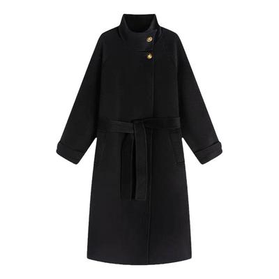 黑色赫本风立领双面呢大衣中长款