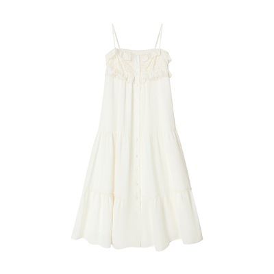 Uena奶白色蕾丝花边吊带连衣裙