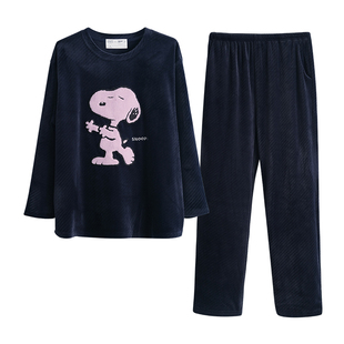 贝妍秋冬季珊瑚绒情侣睡衣女款可爱史努比套装保暖海岛绒男家居服