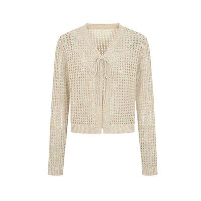 Three Quarters 25春夏女士卡其色镂空绑带针织开衫银泰301355