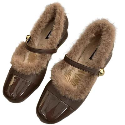 毛毛高跟鞋女外穿伴娘鞋玛丽珍鞋2025秋冬季新款加绒粗跟单鞋白色