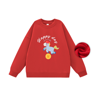 DK童装25秋冬趣味小马女男童加绒保暖红色卫衣儿童中大童休闲上衣