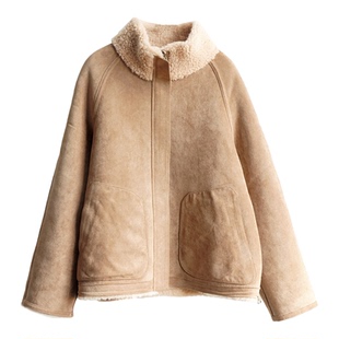 棉叙麂皮绒复合纯羊毛羊羔绒外套两面穿女士上衣冬装棉服15031