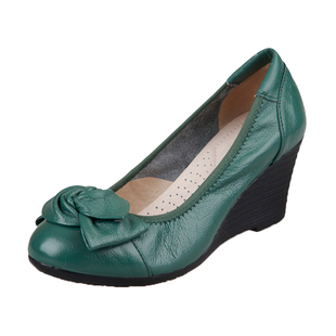 真皮春季浅口女士高跟鞋坡跟中年女鞋34码绿色皮鞋蝴蝶结妈妈鞋子