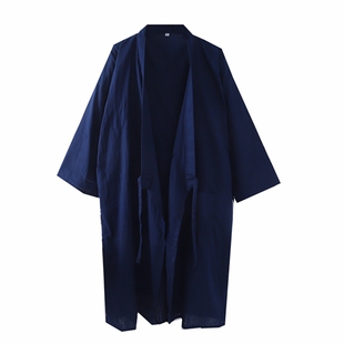 夏季日式男纯棉双层纱布浴袍男中长款睡袍开衫系带和服甚平藏青黑
